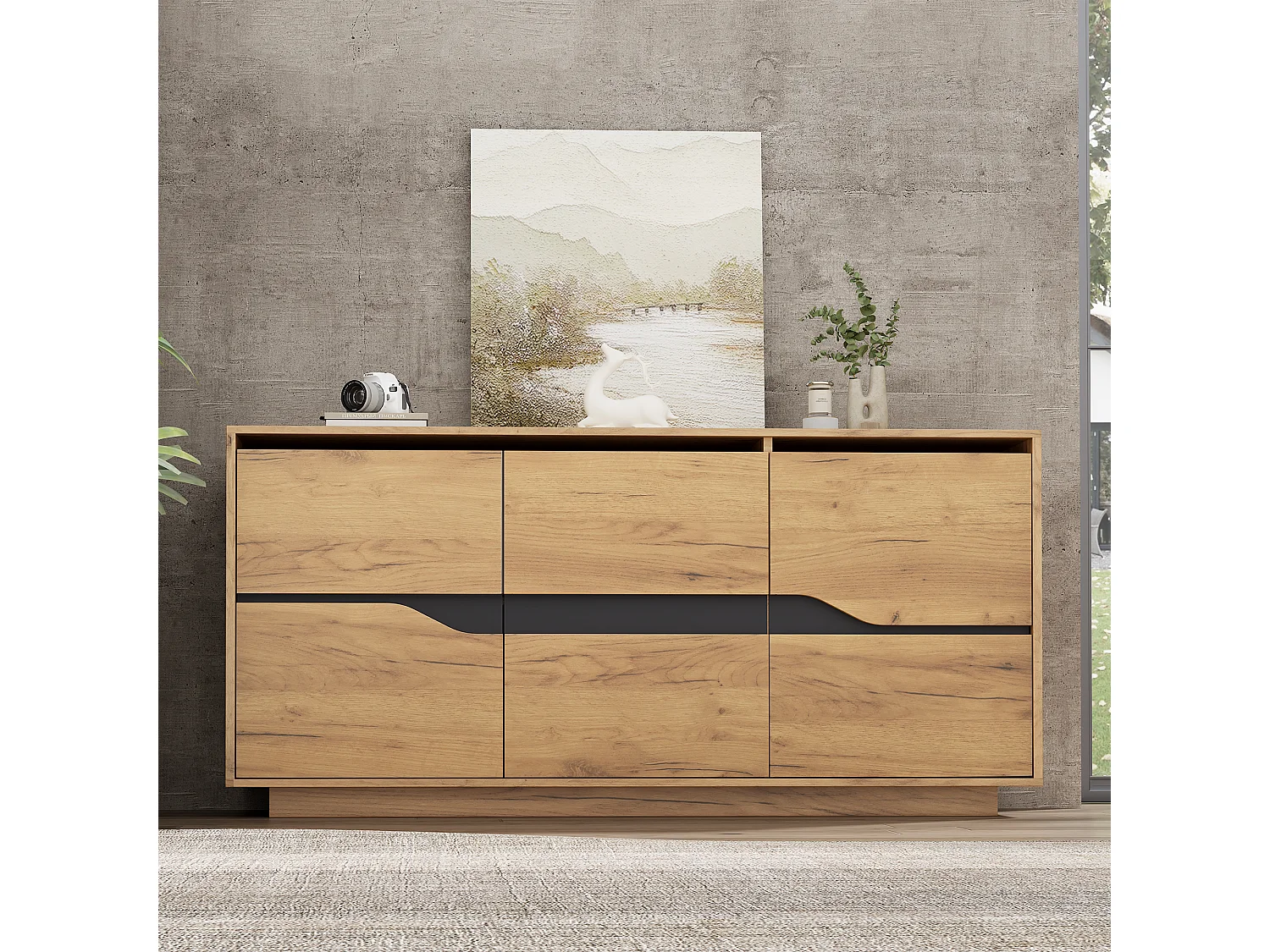 Komoda do salonu - 140 x 40 x 76 cm - z 3 drzwiami - komoda do sofy - płyta wiórowa - naturalna 4408950 - obrazek 1