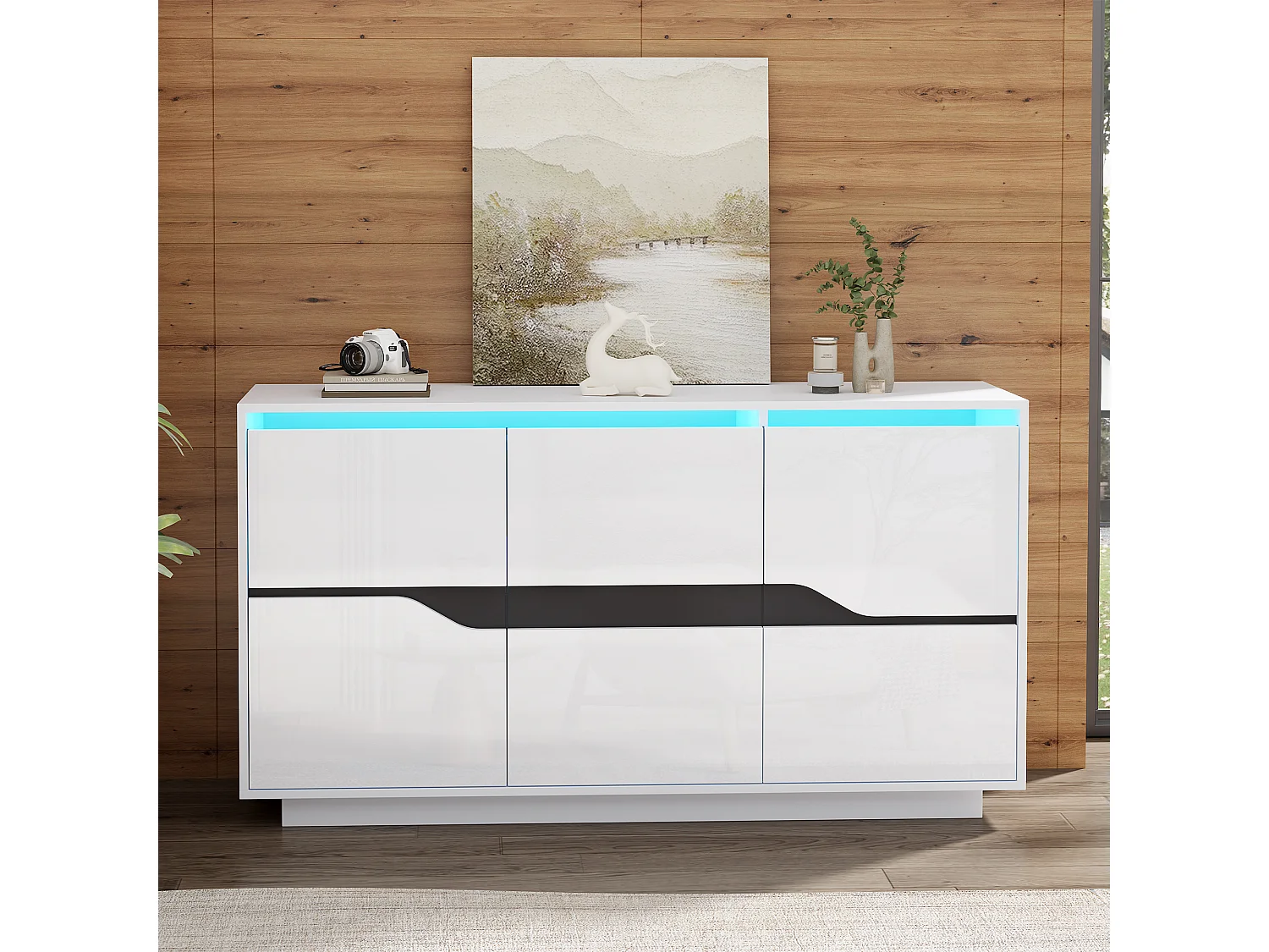 Komoda do salonu - 140 x 40 x 76 cm - z 3 drzwiami - wysoki połysk z diodami LED - płyta wiórowa - biała 4408962 - obrazek 1