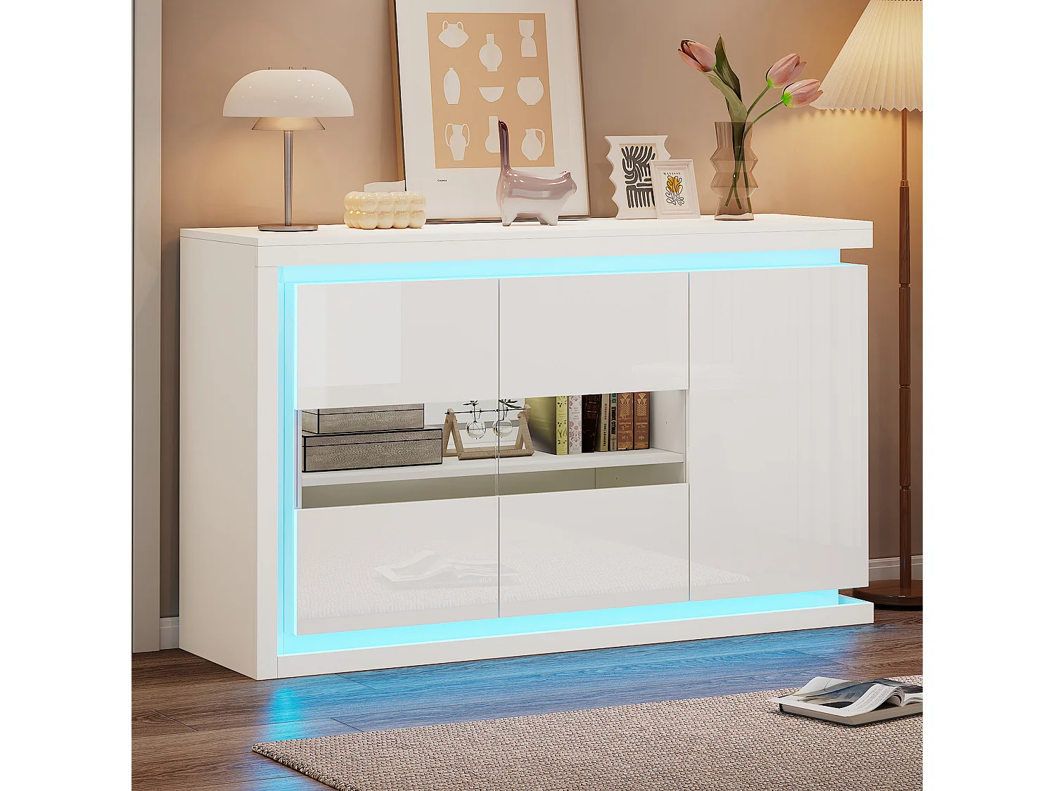 Komoda do salonu błyszcząca - 140 x 40 x 84 cm - z 3 drzwiami + diody LED - płyta wiórowa + szkło - biała 4408970 - obrazek 1
