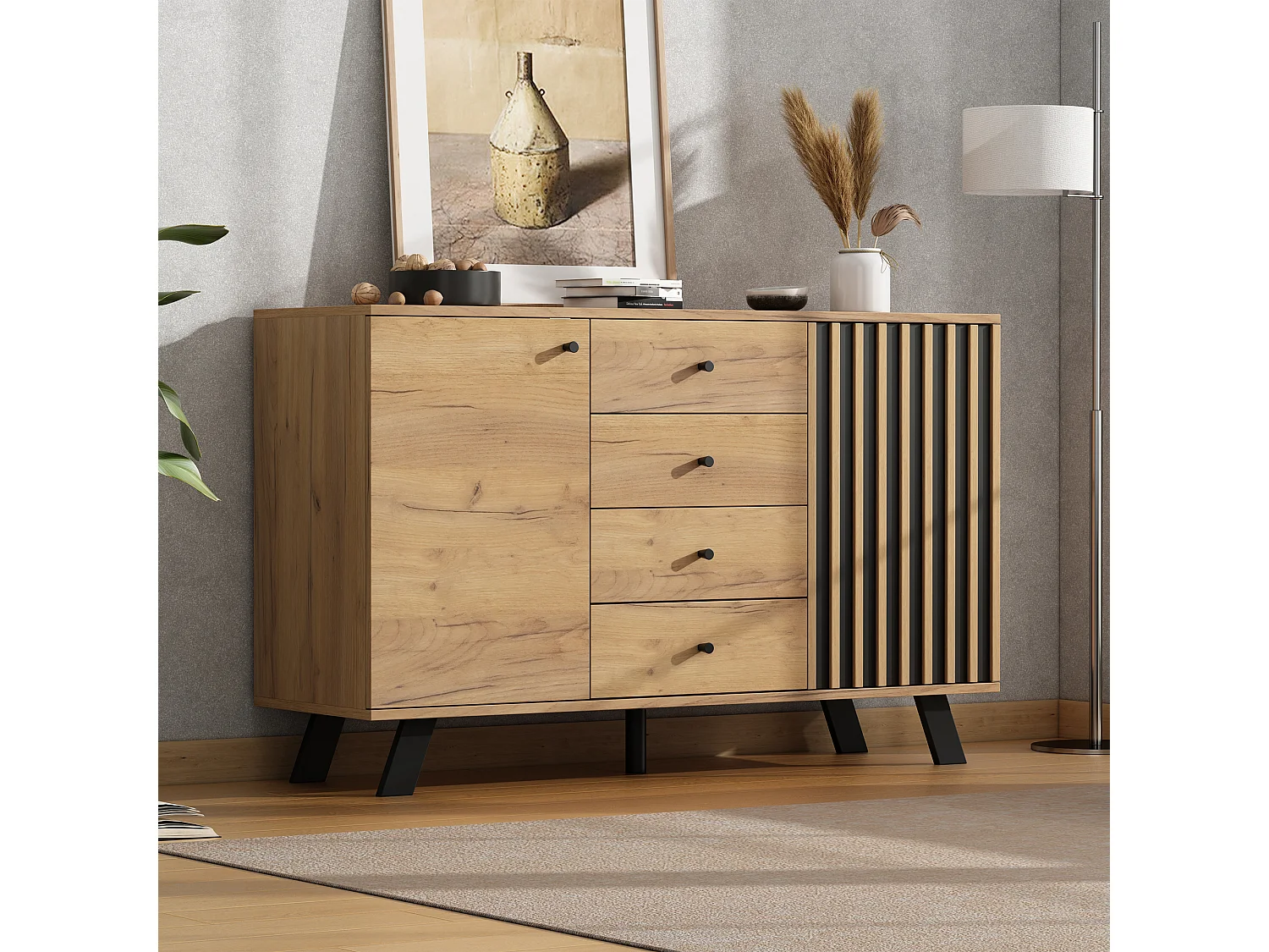 Komoda do salonu - 120 x 38 x 75 cm - z 4 szufladami + 2 drzwiami - stolik pomocniczy - MDF - naturalny 4408977 - obrazek 1