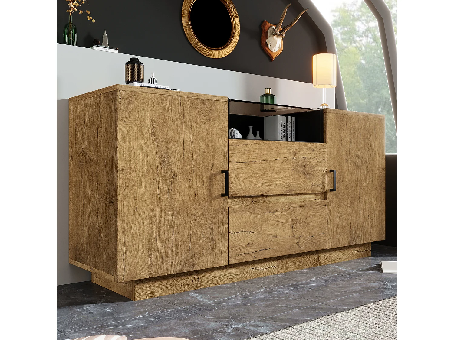 Komoda w kolorze dębu - 140 x 40 x 70 cm - z 2 szufladami + 2 drzwiami + półką - drewno + metal - naturalny 4420499 - obrazek 1