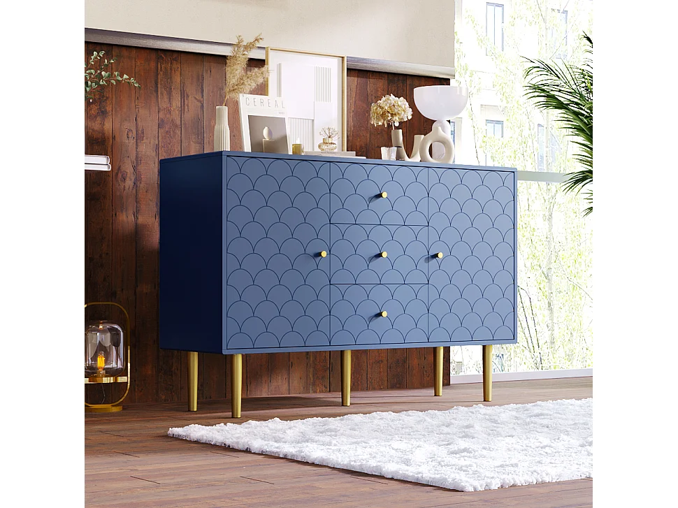 Komoda do salonu i sypialni - 120 x 40 x 83 cm - z 2 drzwiami + 3 szufladami - drewno + metal - niebieska 4420502 - obrazek 1