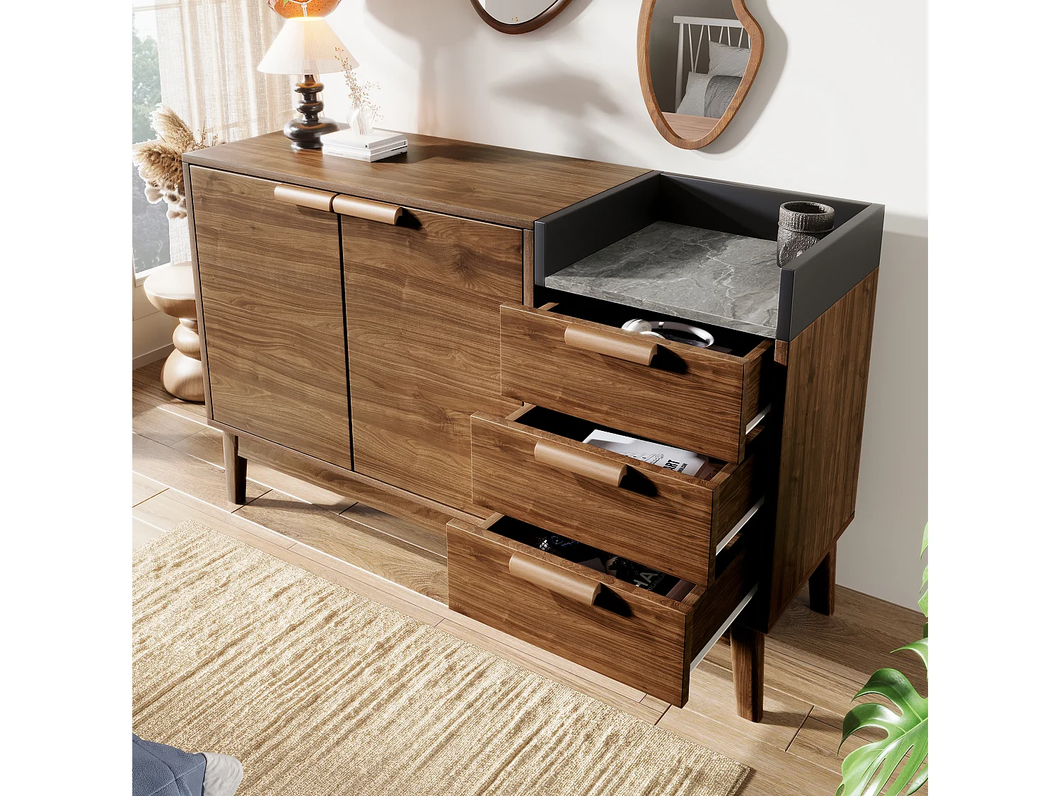Komoda z dekorem dębowym - 120 x 40 x 77 cm - z 3 szufladami + 2 drzwiami - drewno + metal - naturalny 4420505 - obrazek 1