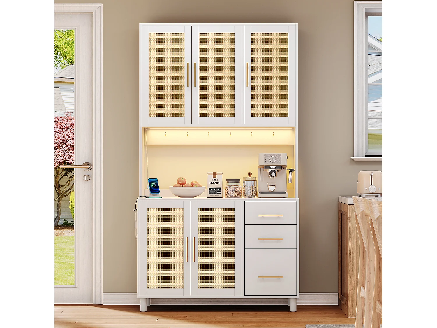 Kredens kuchenny 183 cm z oświetleniem LED, portami USB, regulowanymi półkami i 3 szufladami – biały 4429692 - obrazek 1