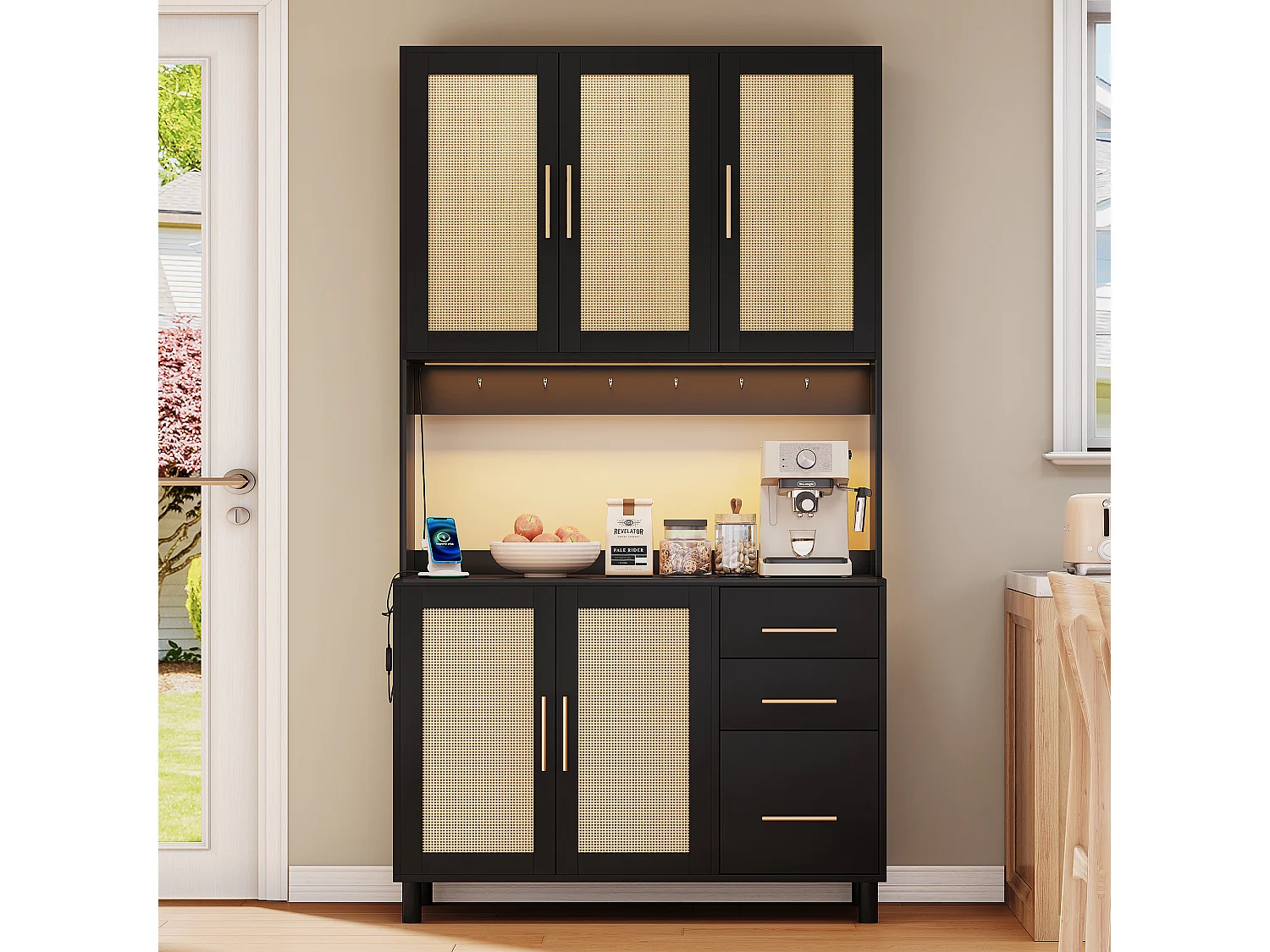 Kredens kuchenny 183 cm z oświetleniem LED, portami USB, regulowanymi półkami i 3 szufladami – czarny 4429718 - obrazek 1