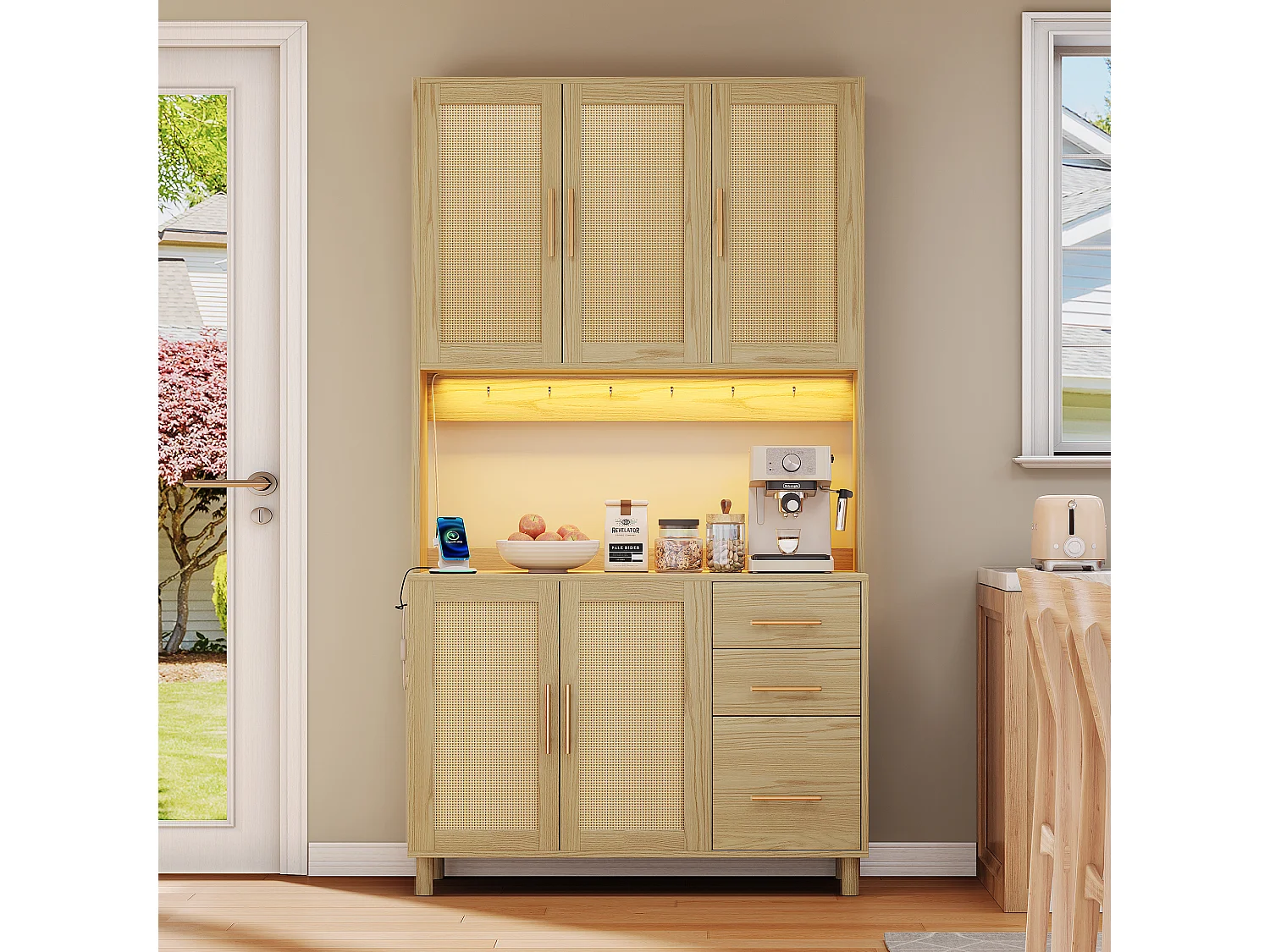 Kredens kuchenny 183 cm z oświetleniem LED, portami USB, regulowanymi półkami i 3 szufladami – naturalny 4429745 - obrazek 1