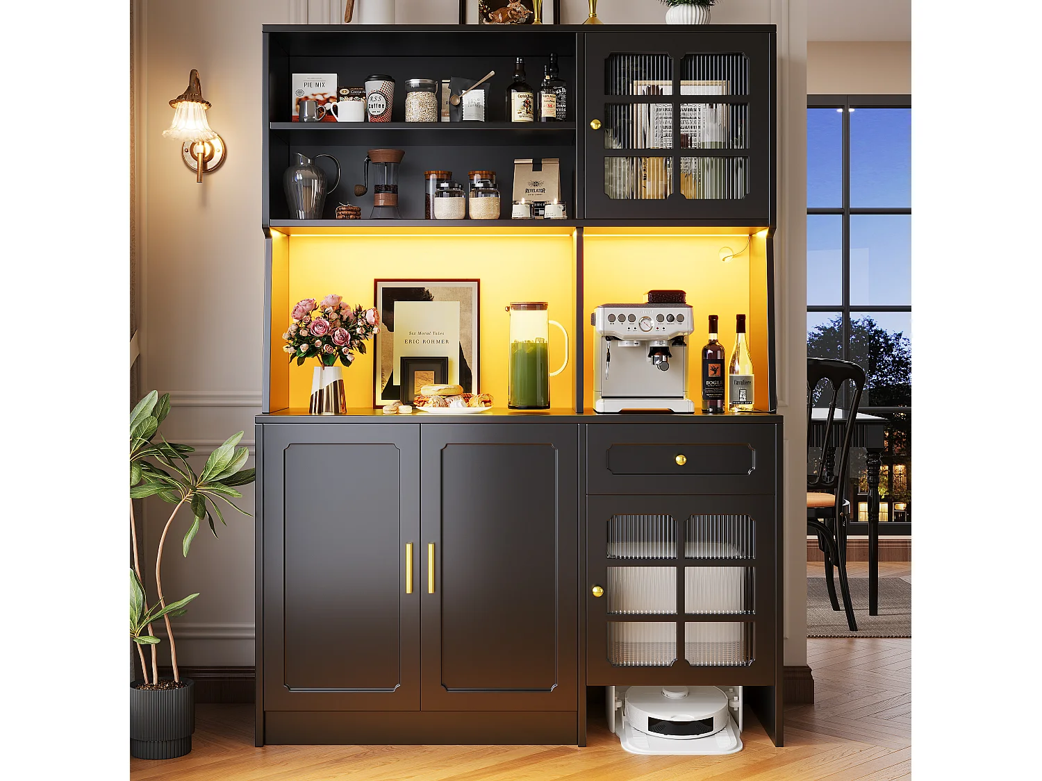 Kredens kuchenny – 130 x 45 x 180 cm – 5 drzwi + LED + 1 szuflada + półka – MDF – czarny 4516238