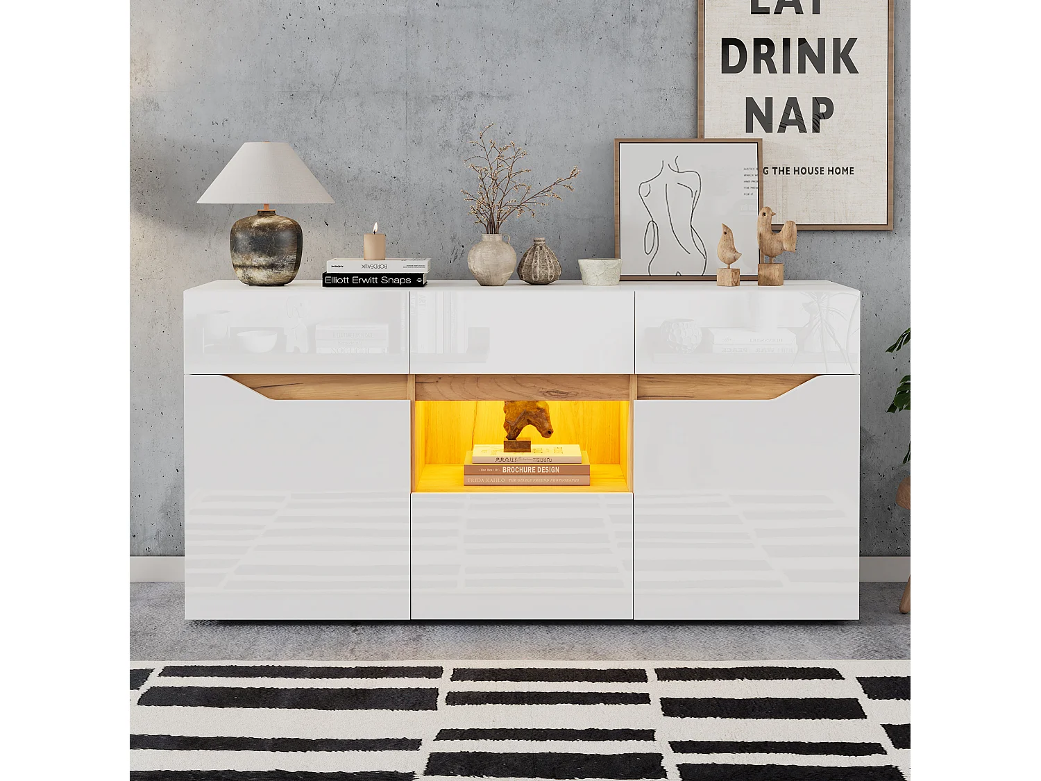 Kredens LED z 2 drzwiami i 4 szufladami do przechowywania – Biały i naturalne drewno 4520977 - obrazek 1