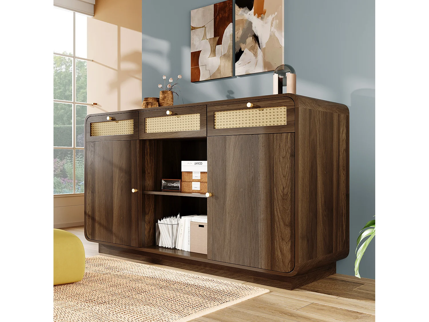 Komoda orzechowa - 120 x 40 x 85 cm - z 3 szufladami z rattanu + 2 drzwiami + otwartą półką - MDF + płyta wiórowa - brązowa 4529870 - obrazek 1