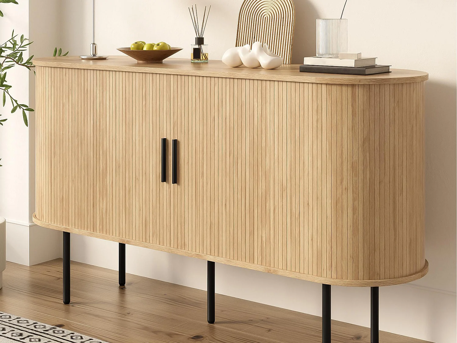 Kredens 140x40x78 cm - 1 drzwi przesuwne - z półkami - Nogi żelazne - MDF - Kolor naturalny 4569736 - obrazek 1