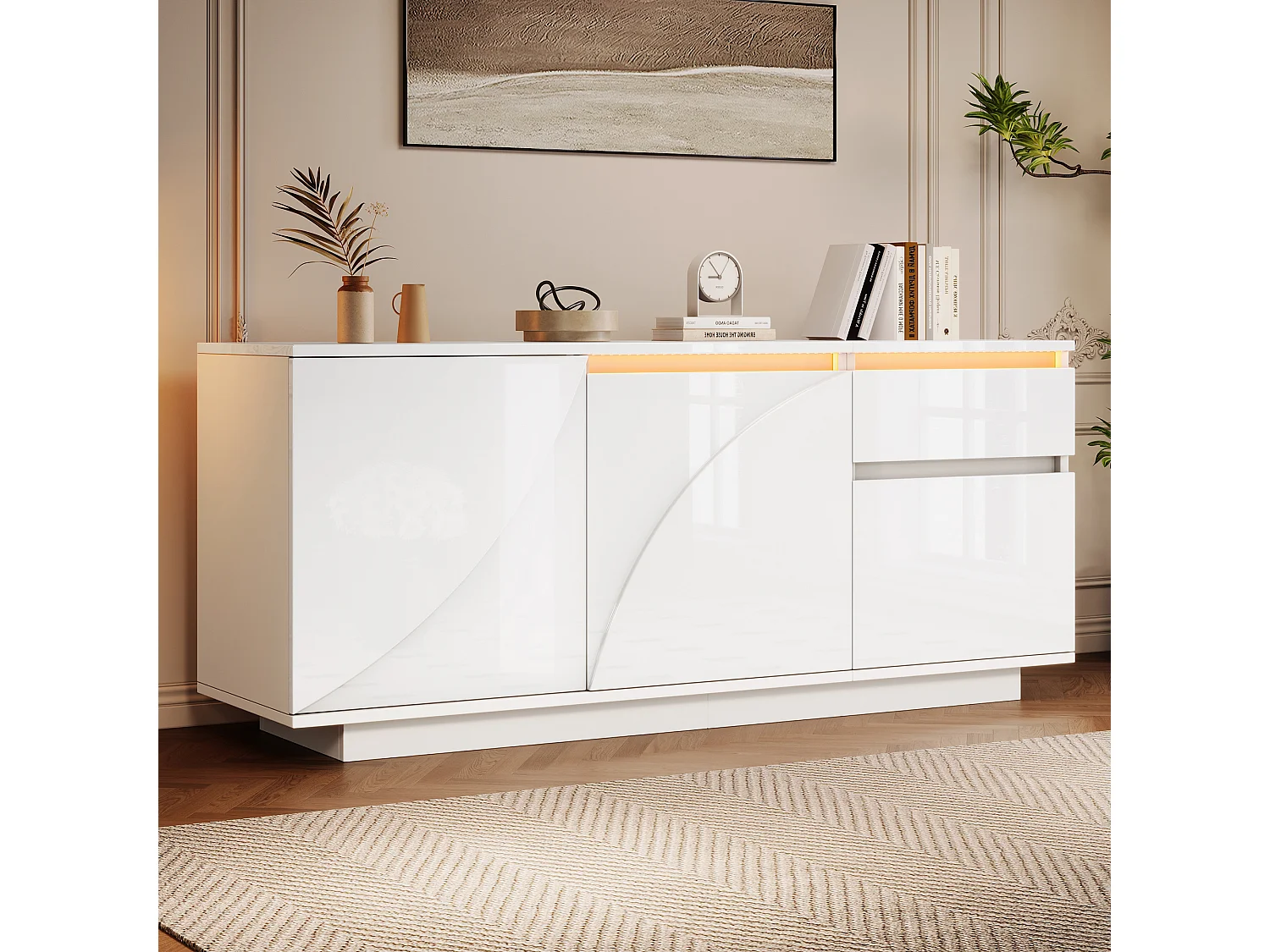 Komoda błyszcząca z 3 drzwiami + diody LED + 1 szuflada - 140 x 40 x 60 cm - regulowane półki - płyta MDF - biała 4620583 - obrazek 1