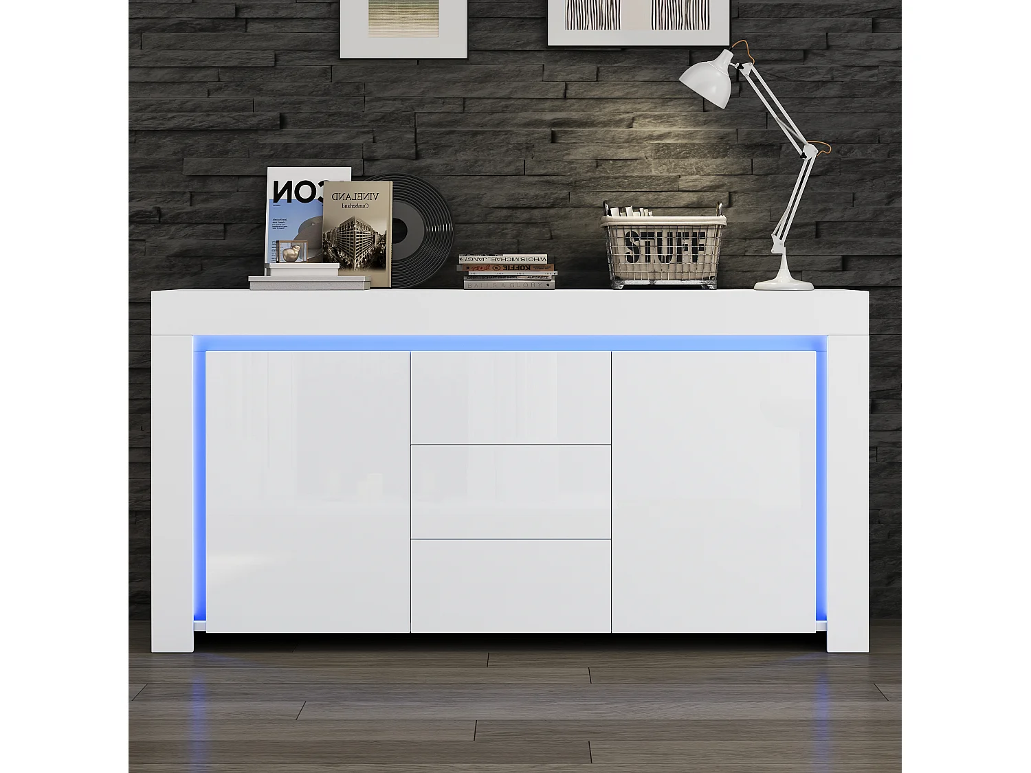 Komoda do salonu z połyskiem, 3 szuflady + 2 drzwi + diody LED - 140 x 40 x 65 cm - MDF - biała 4620585 - obrazek 1