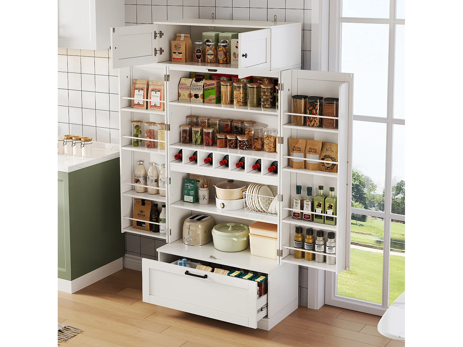 Kredens kuchenny z regulowanymi półkami + szuflada + 4 drzwi + stojak na wino - 80 x 40 x 180 cm - MDF - biały 4621720 - obrazek 1