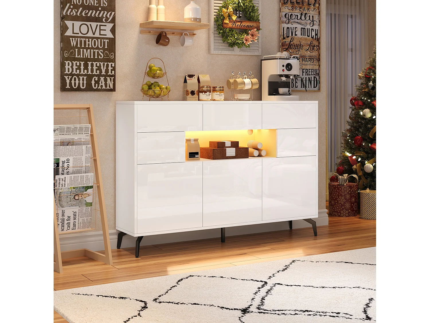 Komoda do salonu w połysku - 140 x 30 x 94 cm - z 3 szufladami + 5 drzwiami + diodami LED - MDF - biała 4623954 - obrazek 1
