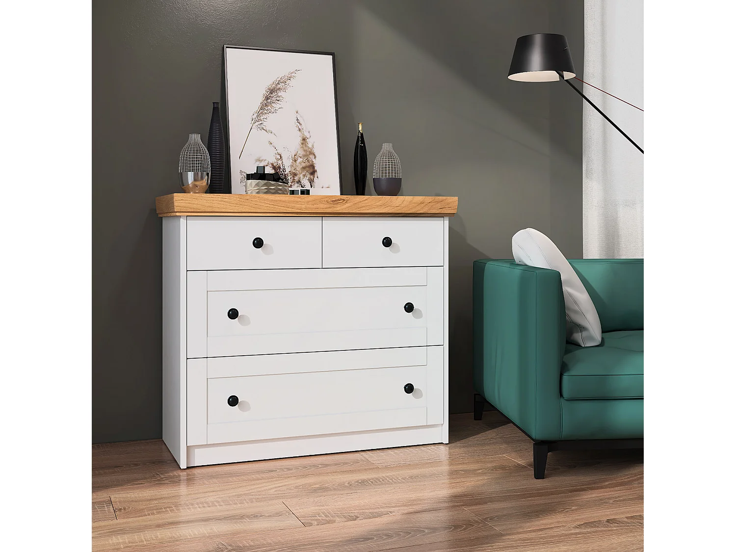 Komoda 92x82x42 cm Matowy biały dąb kraft złoty 4631208