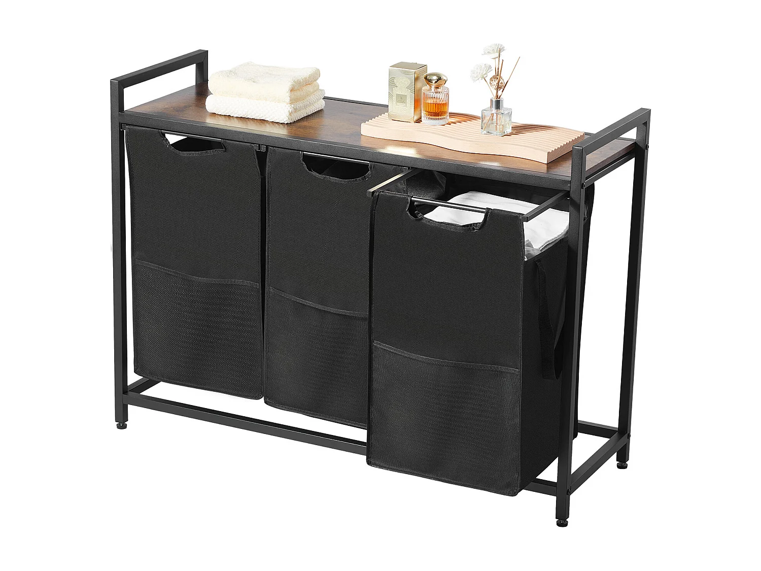 Kosz na Pranie SucceBuy Kosz na Pranie z 3 Przegródkami, Organizer na Pranie z Wyjmowanymi Workami z Tkaniny Oxford 600D, Metalową Ramą i Drewnianym Blatem 4726456 - obrazek 1