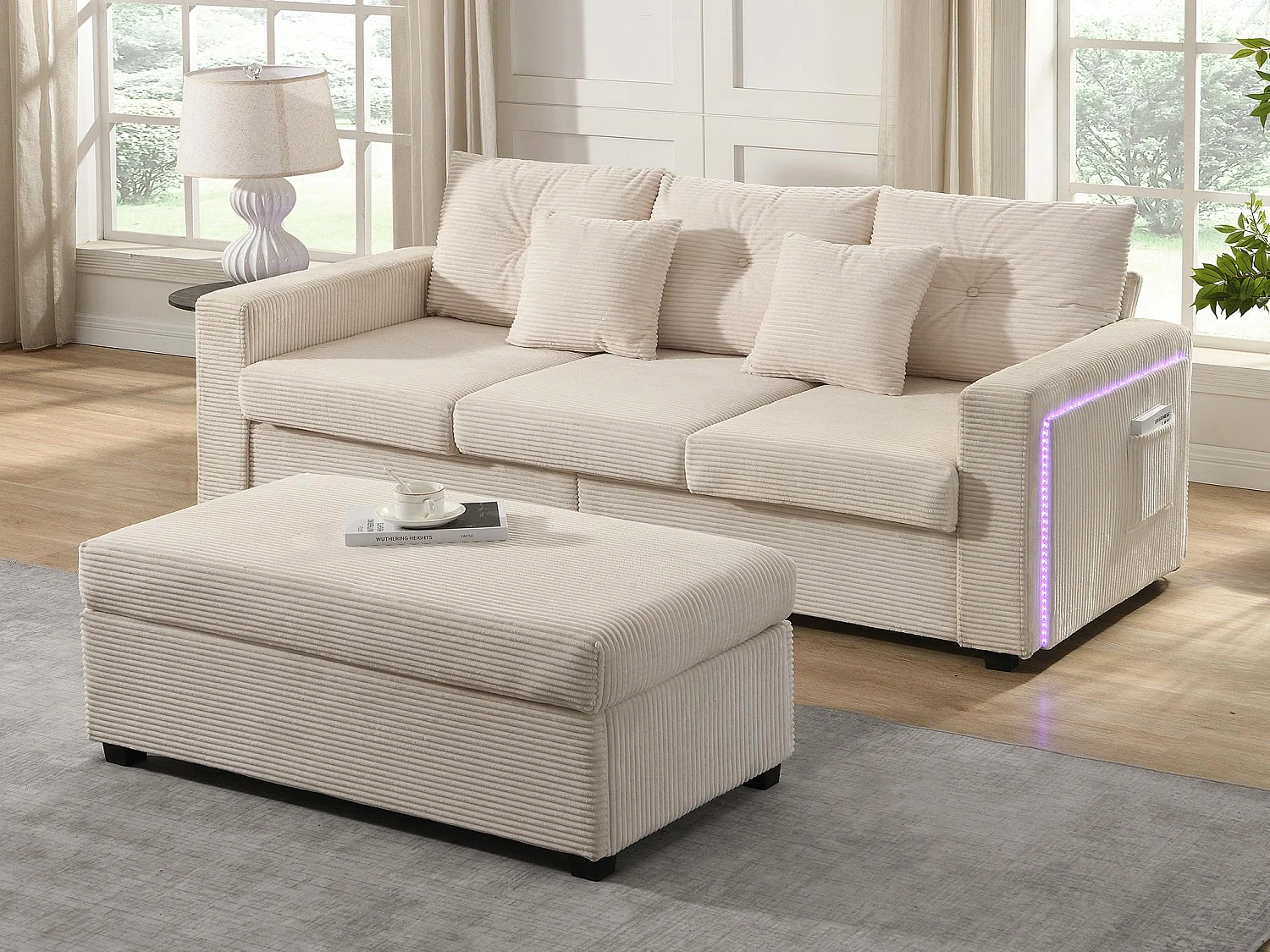 Kombinacja nowoczesnej kanapy 184×84.5×85.5cm – z ruchomym podnóżkiem i oświetleniem LED – z bocznymi kieszeniami – dowolna konfiguracja – ​​Beżowy​ 4731614