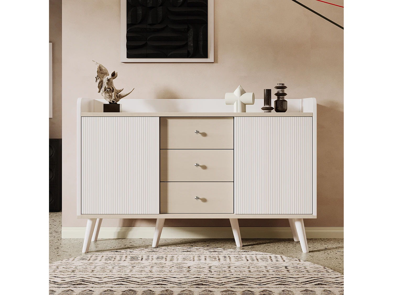 Komoda z wyrafinowanym usłojeniem drewna do sypialni i salonu - 117,5 x 40 x 80 cm - z 3 szufladami i 2 drzwiami - płyta wiórowa - biała 4806054 - obrazek 1