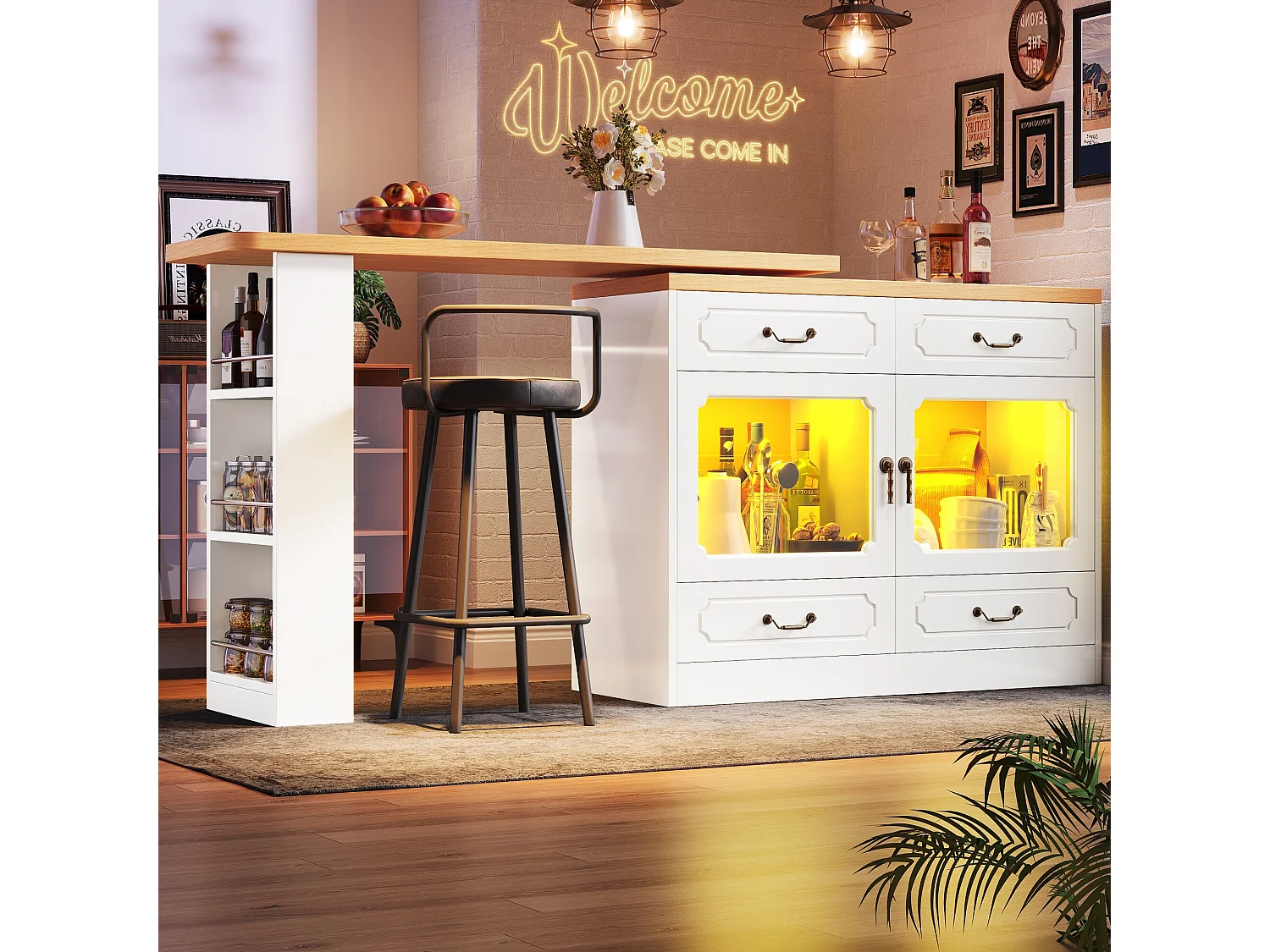Kredens LED, biała kredens z obrotowym blatem, 2 drzwiami i 4 szufladami – MDF 4808637