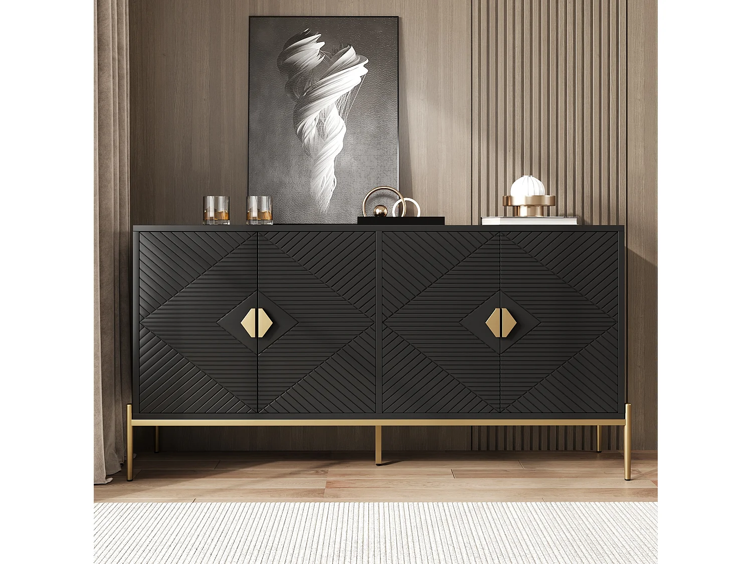 Komoda z 4 drzwiami - do salonu/jadalni/korytarza - 162 x 40 x 80 cm - MDF + płyta wiórowa - kolor czarny 4621653 - obrazek 1