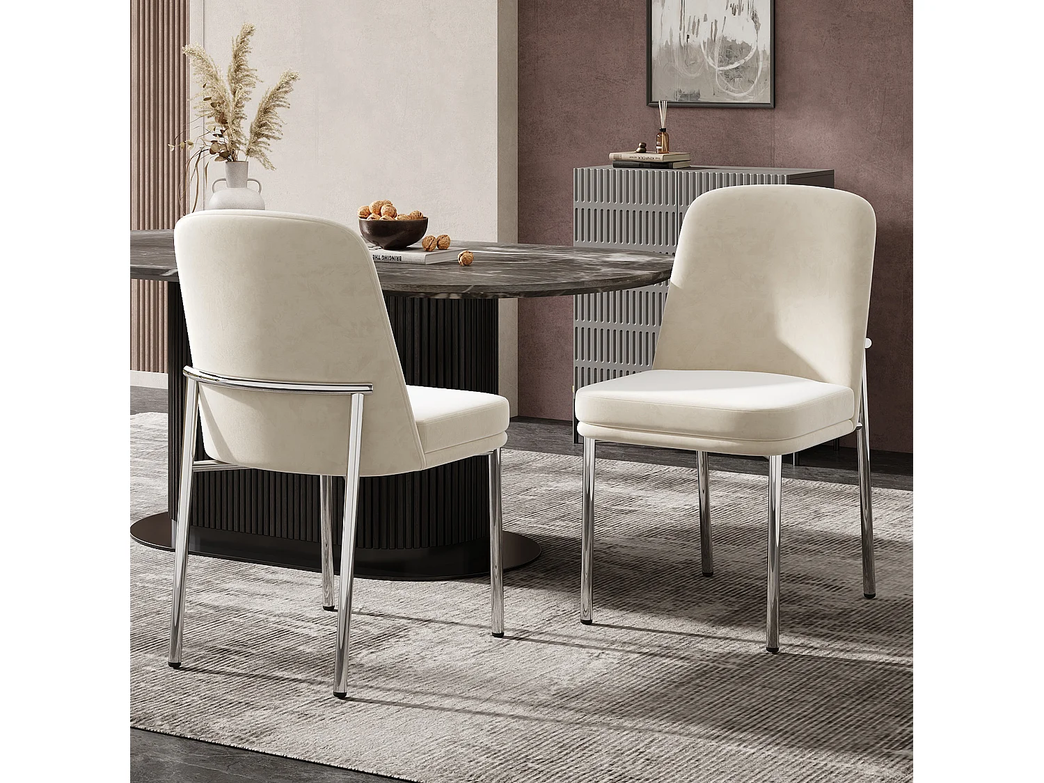 Komplet 2 krzeseł do jadalni - 42,5 x 53 x 82 cm - z grubymi poduszkami na siedziskach i srebrnymi metalowymi nogami - aksamit - beżowy 4814460 - obrazek 1