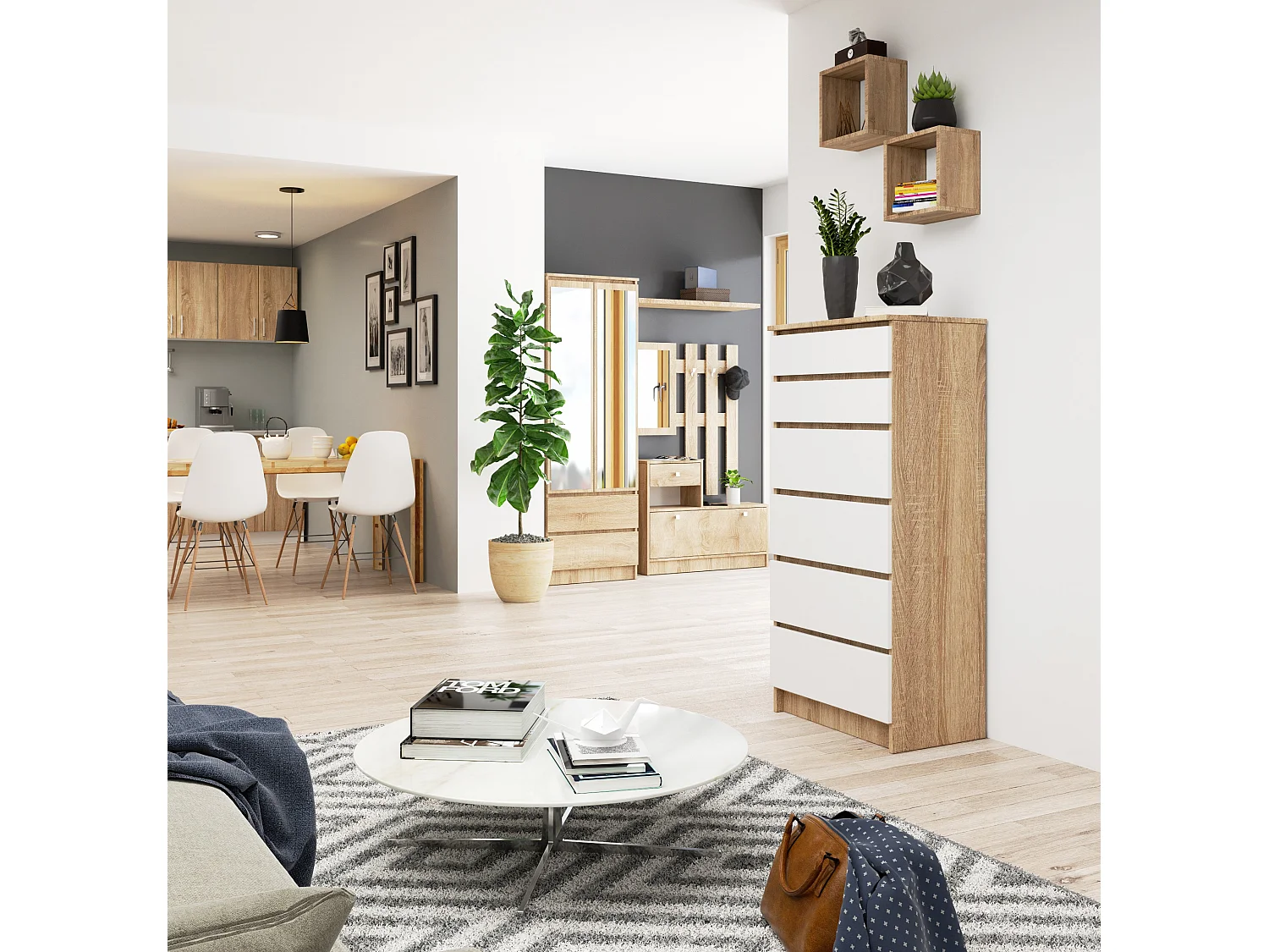Komoda AKORD K60 Dąb Sonoma 60 cm 6 szuflad kolor Biały mat 60x40x130 cm 1952009 - obrazek 1