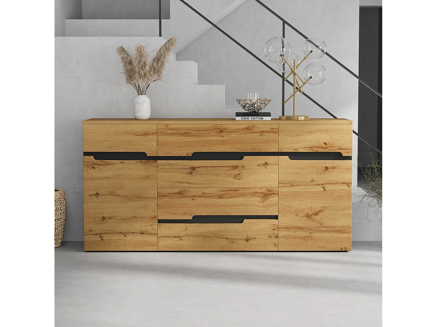 Komoda do salonu - 160 x 40 x 80 cm - z 2 drzwiami + 4 szufladami - płyta wiórowa - kolor czarny + naturalny 4815675 - obrazek 1