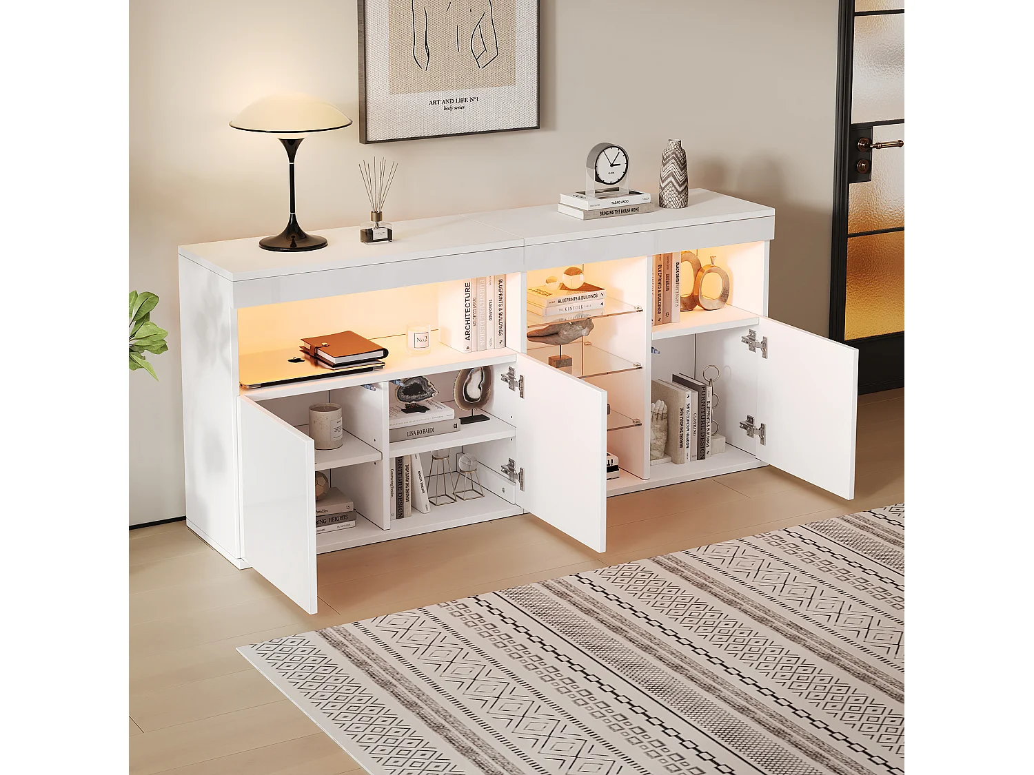 Komoda lakierowana na wysoki połysk - 155,5 x 35 x 72 cm - z diodami LED + 3 drzwi + 3 przeszklone przegrody - płyta wiórowa - kolor biały 4815676 - obrazek 1