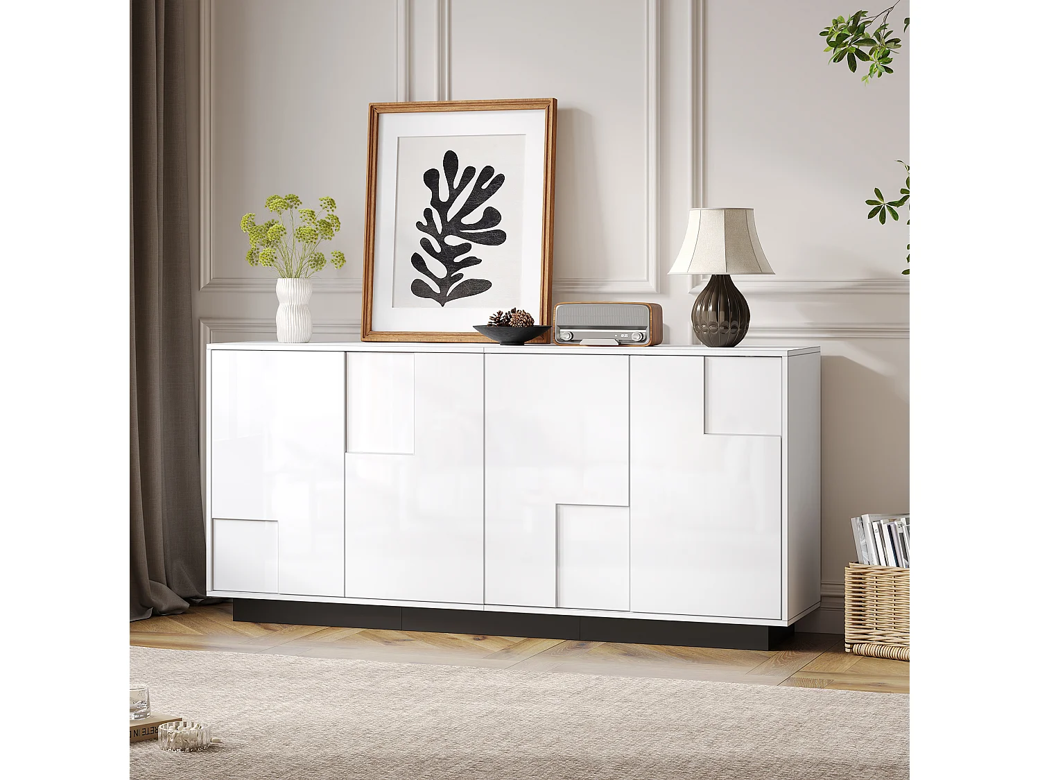 Komoda lakierowana na wysoki połysk - 160 x 37 x 75,5 cm - z 4 drzwiami - płyta wiórowa - biała 4815674 - obrazek 1