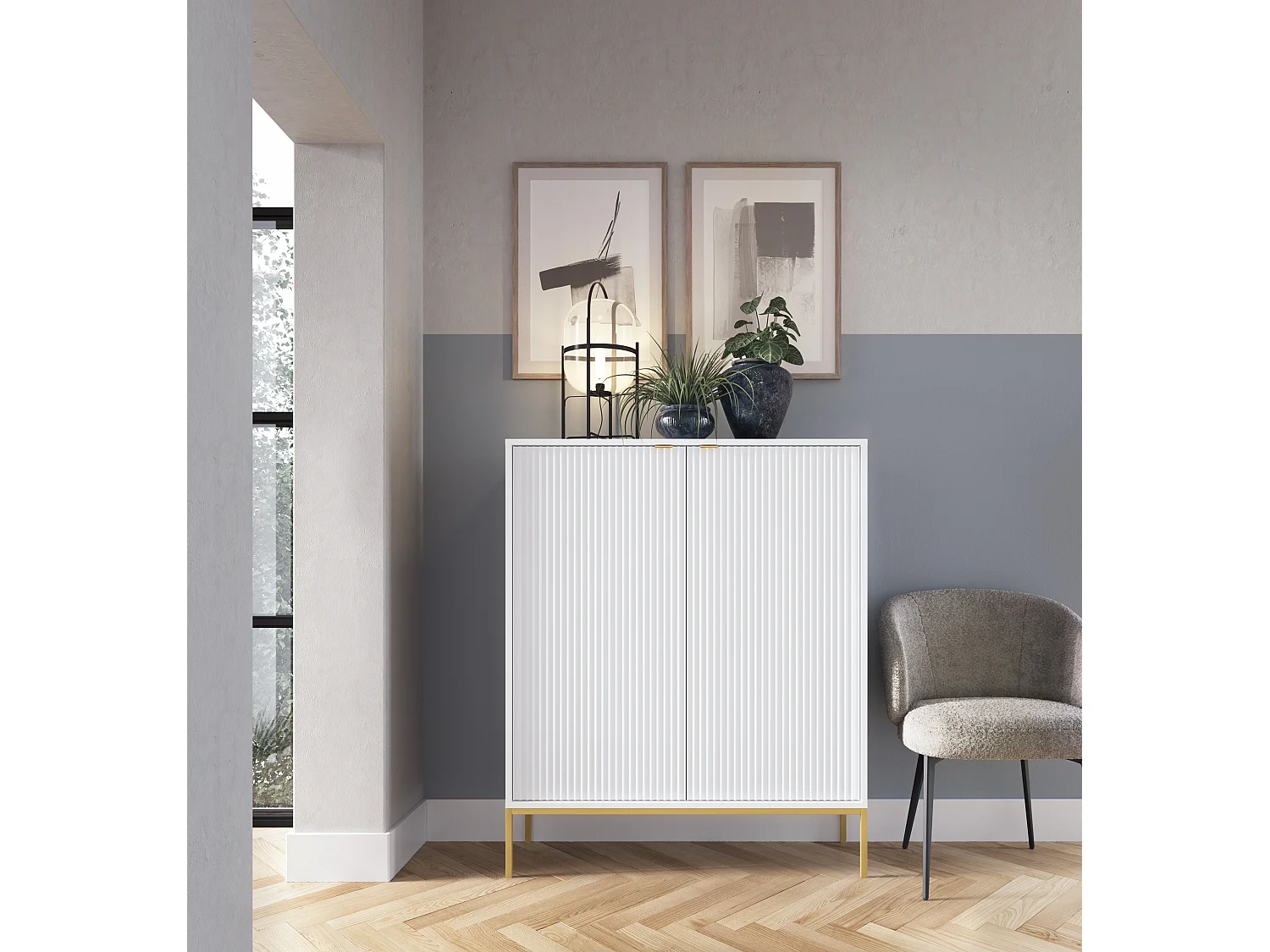 Komoda Wysoka Geriffelt DomoHome NOVA – 2 drzwi, Highboard z złotymi uchwytami, Biały, złote nogi 125x104x39cm - Elegancka do salonu 3871853 - obrazek 1