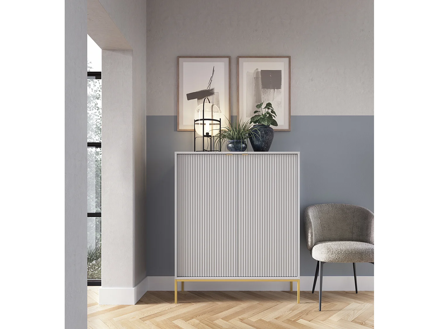 Komoda Wysoka Geriffelt DomoHome NOVA – 2 drzwi, Highboard z złotymi uchwytami, Szary, złote nogi 125x104x39cm - Elegancka do salonu 3871854 - obrazek 1