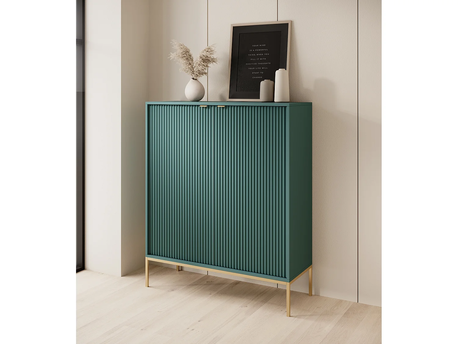 Komoda Wysoka Geriffelt DomoHome NOVA – 2 drzwi, Highboard z złotymi uchwytami, Labrador, złote nogi 125x104x39cm - Elegancka do salonu 3871838 - obrazek 1
