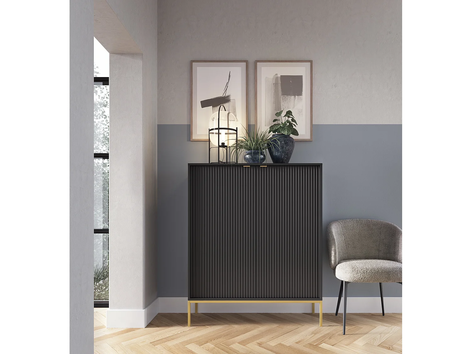 Komoda Wysoka Geriffelt DomoHome NOVA – 2 drzwi, Highboard z złotymi uchwytami, Czarny, złote nogi 125x104x39cm - Elegancka do salonu 3871847 - obrazek 1