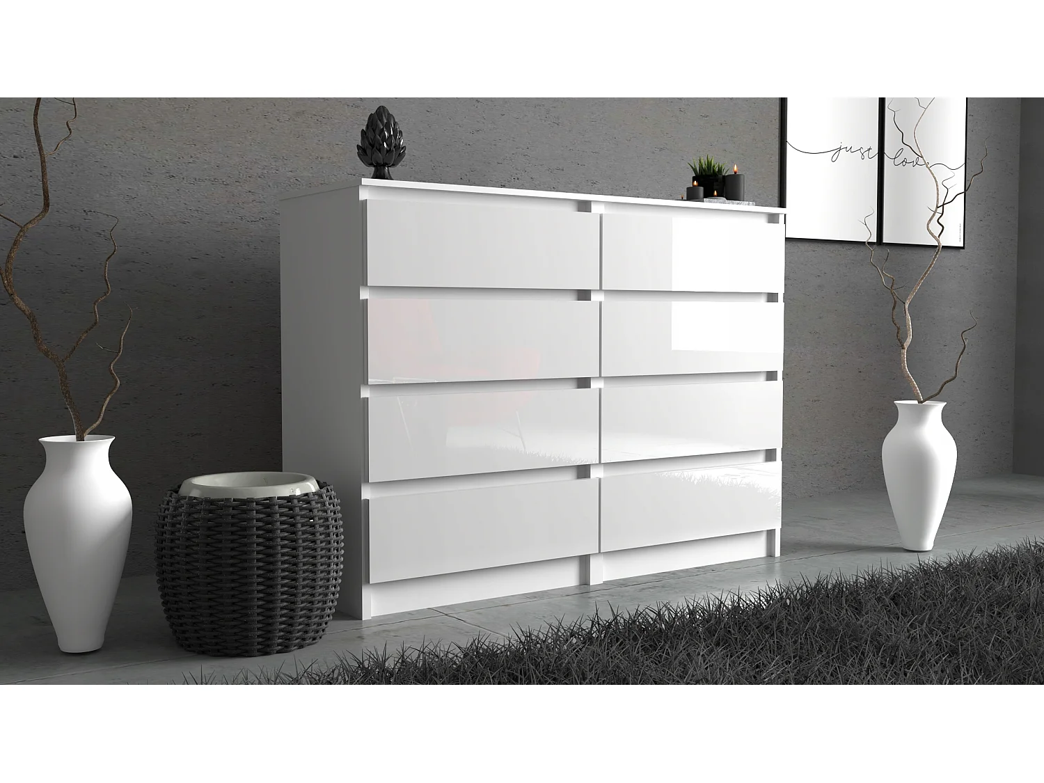 Komoda 8 Szuflad 120 CM Szafka Rtv Biały Mat Biały Połysk Meble Do Salonu Sypialni 4706376 - obrazek 1