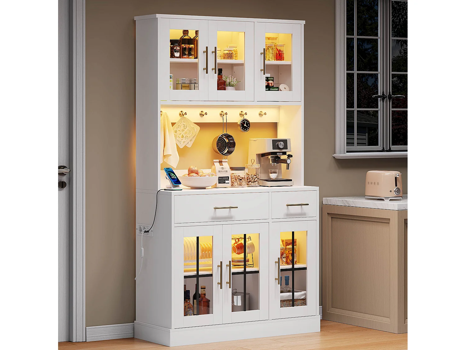 Kredens kuchenny w stylu rustykalnym - 100 x 40 x 180 cm - z 6 drzwiami + 2 szufladami + diodami LED + gniazdkiem elektrycznym - MDF - biały 4819297 - obrazek 1
