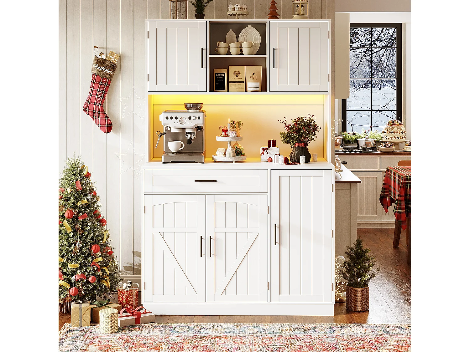 Kredens kuchenny w stylu rustykalnym - 120 x 38 x 180 cm - z diodami LED + gniazdko elektryczne + 5 drzwi + 1 szuflada - biały 4819311 - obrazek 1