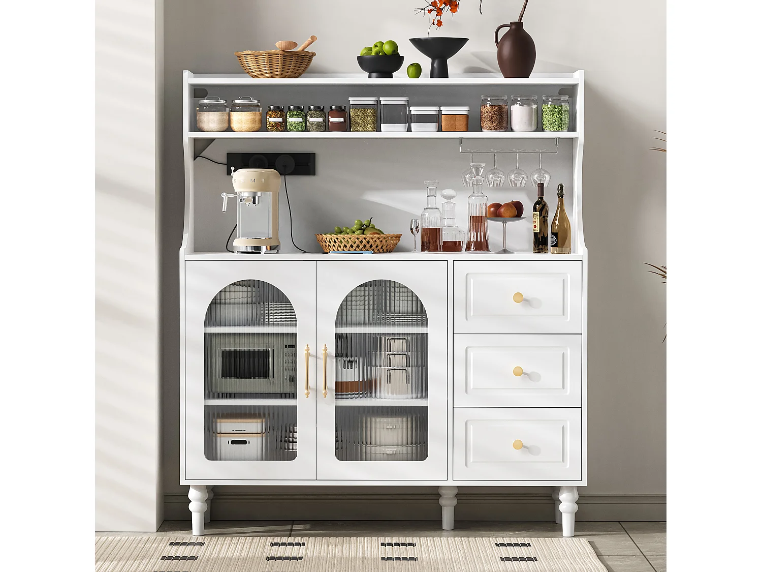 Kredens kuchenny z gniazdkami - 120 x 40 x 138,5 cm - z 3 szufladami + stojak na kieliszki + półki + 2 drzwi - MDF - biały 4819312 - obrazek 1