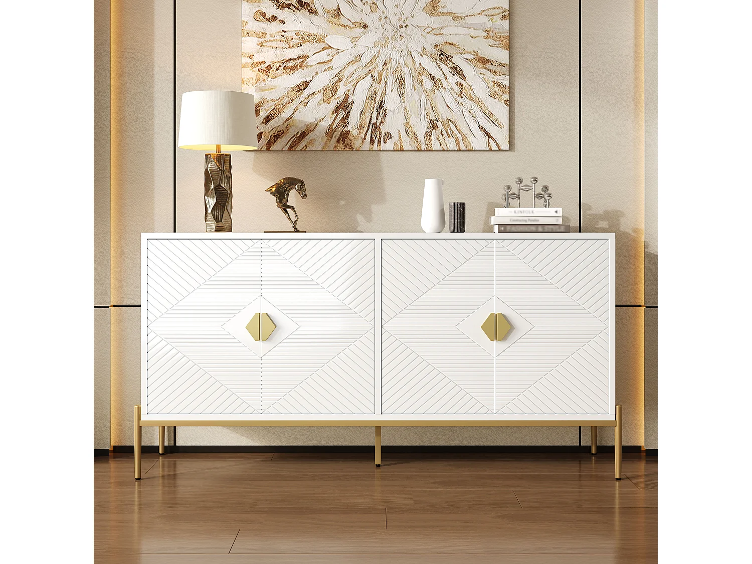 Komoda 4-drzwiowa - do salonu/jadalni/korytarza - 162 x 40 x 80 cm - MDF + płyta wiórowa - kolor biały 4621668 - obrazek 1