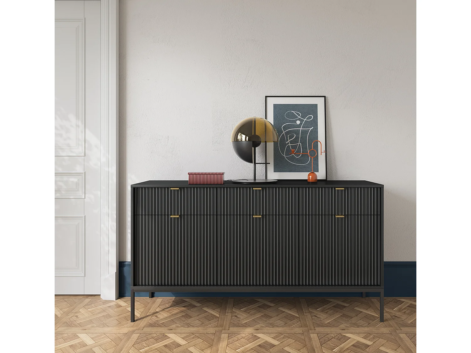 Komoda Elegancka DomoHome NOVA – 154x83x39cm, fasada Geriffelt, złote uchwyty, uniwersalny design, 3 szuflady i 3 drzwi, Czarna rama 3871811 - obrazek 1