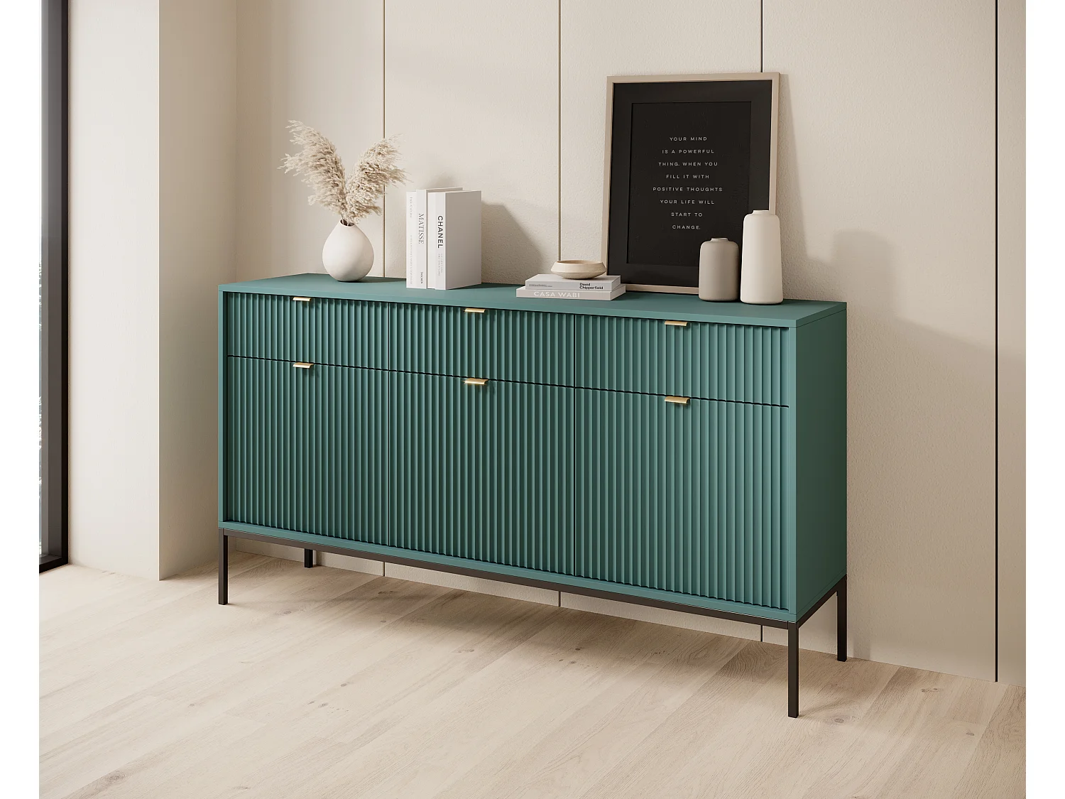 Komoda Elegancka DomoHome NOVA – 154x83x39cm, fasada Geriffelt, złote uchwyty, uniwersalny design, 3 szuflady i 3 drzwi, Labrador, rama czarna 3871833 - obrazek 1