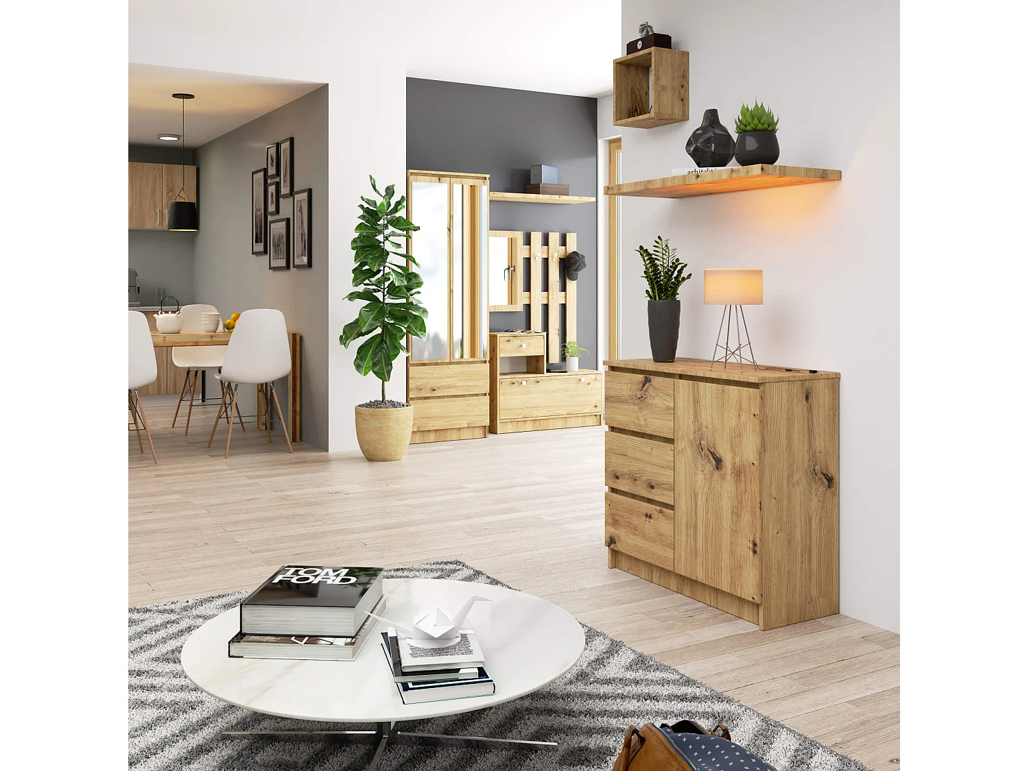 Komoda AKORD JERRY Dąb Artisan 80 cm 1 drzwi 3 szuflady kolor Dąb Artisan mat 2 półki 80x35x77 cm 1953031 - obrazek 1