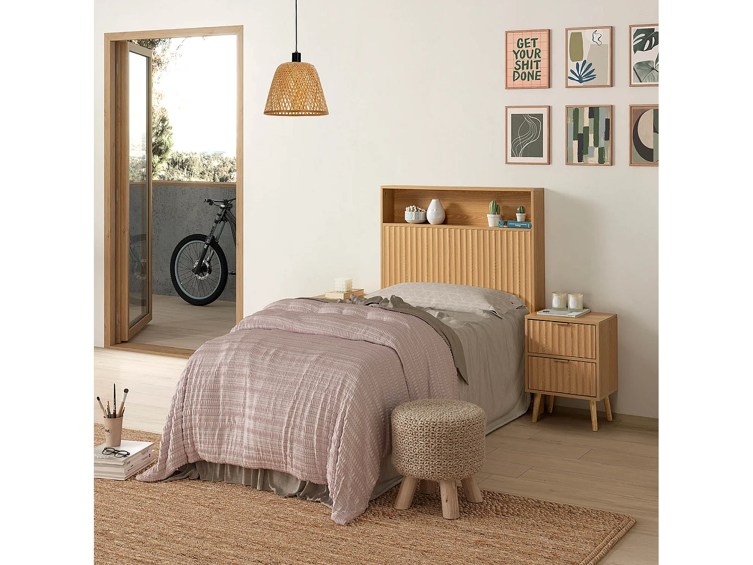 Kolumna zagłówka Lluvia 95 cm z półką w kolorze dębu. 4038699