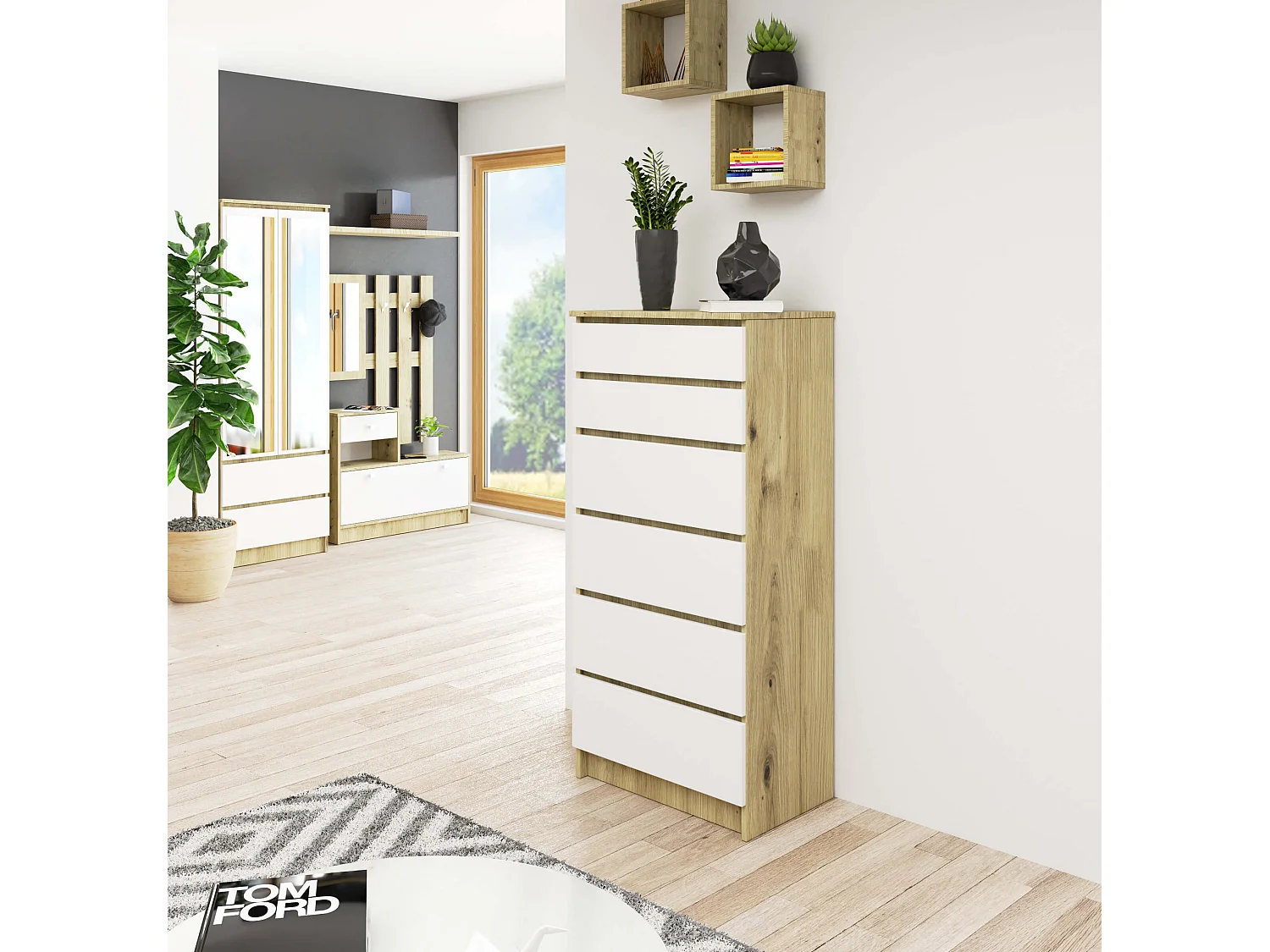 Komoda AKORD K60 Dąb Artisan 60 cm 6 szuflad kolor Biały mat 60x40x130 cm 1952157 - obrazek 1