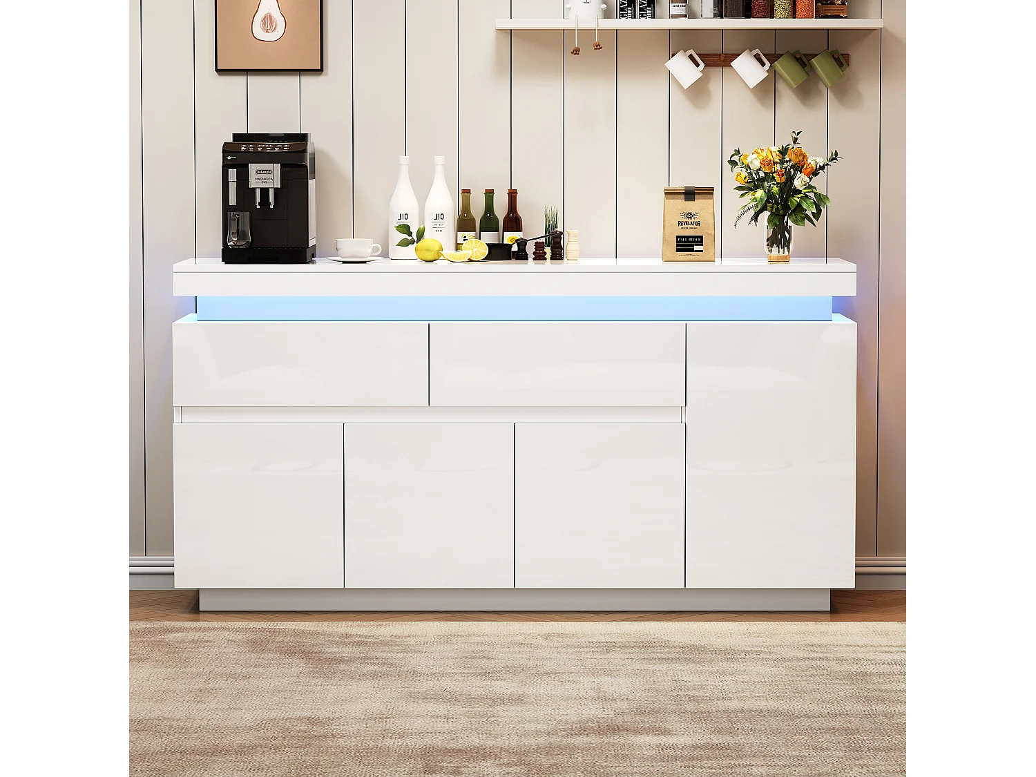 Komoda lakierowana na wysoki połysk - 140 x 35 x 72,5 cm - z 2 szufladami + 4 drzwiami + diody LED - płyta wiórowa - kolor biały 4823337 - obrazek 1