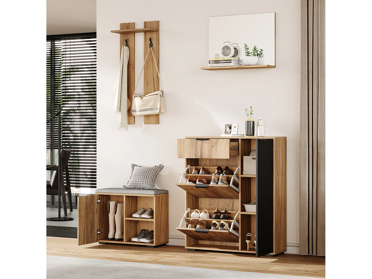 Komplet szaf przedpokojowych - 140 x 35 x 139 cm - z ławką i szafką na buty + 1 lustro + półka ścienna - płyta wiórowa - kolor naturalny + czarny 4823410 - obrazek 1