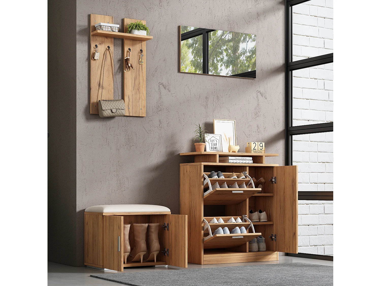Komplet szaf wnękowych do przedpokoju - 140 x 35 x 133 cm - z ławką i szafką na buty + 1 lustro + półka ścienna - płyta wiórowa - naturalny 4823411 - obrazek 1