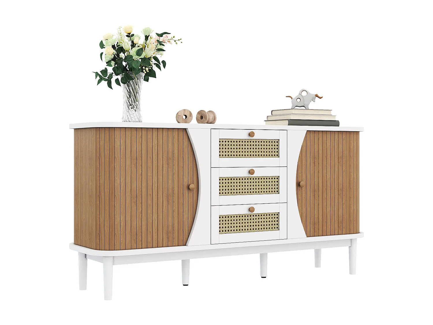 Komoda niska z 2 drzwiami przesuwnymi + 3 szufladami z rattanu - 140,5 x 40 x 76 cm - płyta wiórowa - kolor biały + naturalny 4824835 - obrazek 1