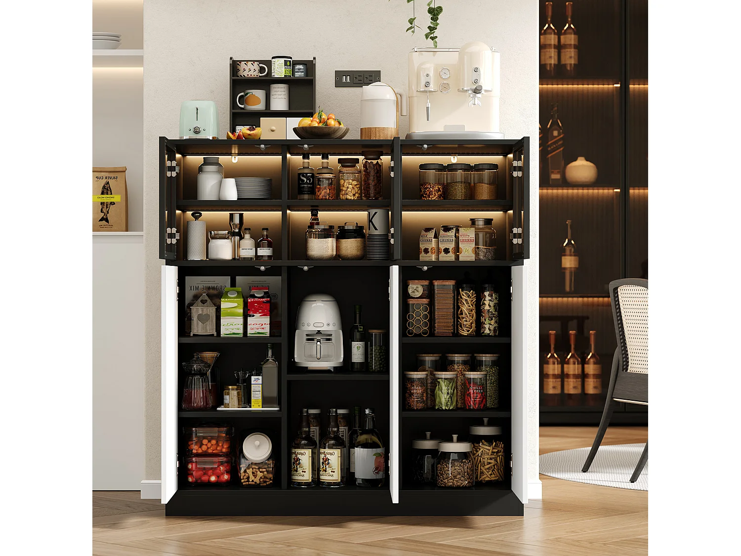 Kredens kuchenny do salonu - 100 x 40 x 105 cm - z diodami LED + 3 drzwi szklane + 3 drzwi drewniane - szkło + płyta wiórowa - czarny + biały 4824840 - obrazek 1