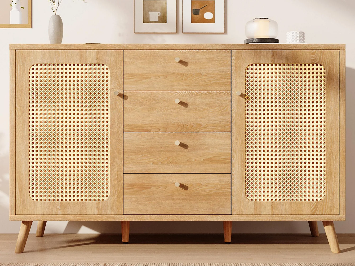 Kredens 140x40x86cm - z 4 szufladami i 2 drzwiami - wygląd rattanu - styl rustykalny - z regulowanymi półkami - kolor jasny dąb 4831830 - obrazek 1