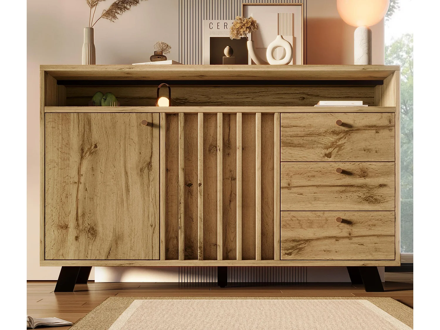 Kredens 120x40x85cm - z 3 szufladami i 2 drzwiami - styl retro - z otwartymi półkami - kolor ciemny dąb 4831833 - obrazek 1